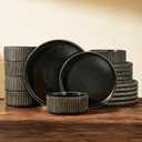 Dinnerware Set for 6, Ceramic Ribbed Plates, Bowls, Dishes
