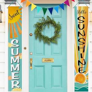 Deroro Sweet Summer Boho Sun Porch Banner Sign, Hello Sunshine Sunrise Cloud Bohemian Front Door Decorative Hanging Banner Flag, Yellow Teal Seasonal Decoration Home Outdoor Decor