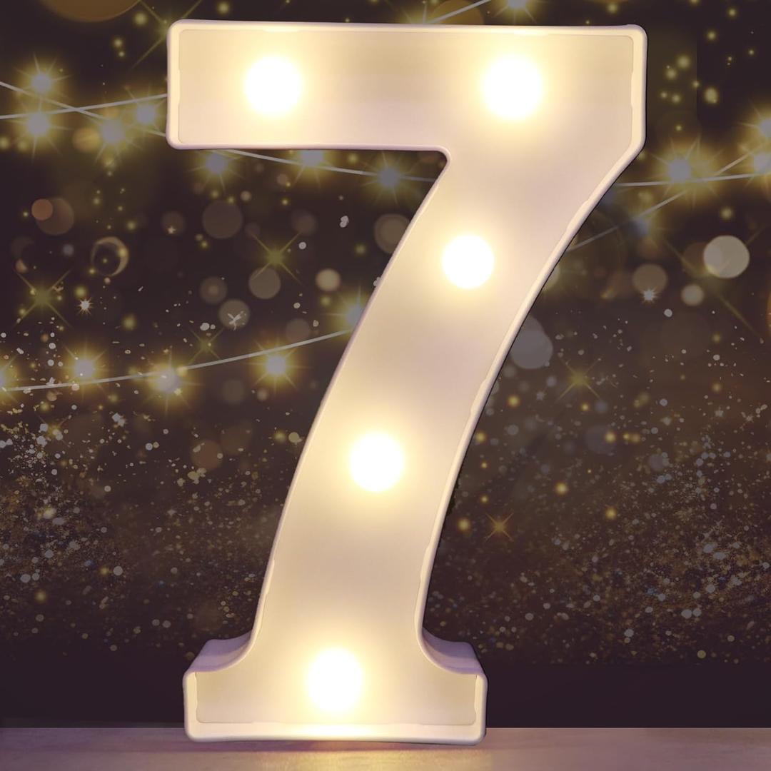 Decorative Led Light Up Number Letters, White Plastic Marquee Number Lights Sign Party Wedding Decor Battery Operated Number (7)