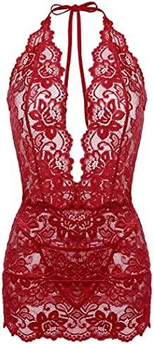 Gladiolus Lingerie for Women Lace Teddy Sexy Deep V Halter Open Back Bodysuit Babydoll XXL