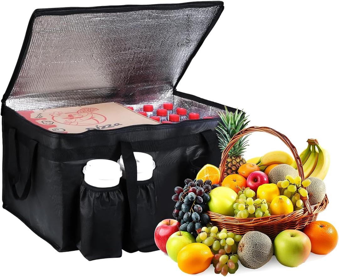 Food Delivery Bag,3XL Insulated Food Transport Bag with Cup Holder - Reusable Cooler Bag for Cold and hot Food with lid and Double Zipper, 23W x 15H x 14D inches