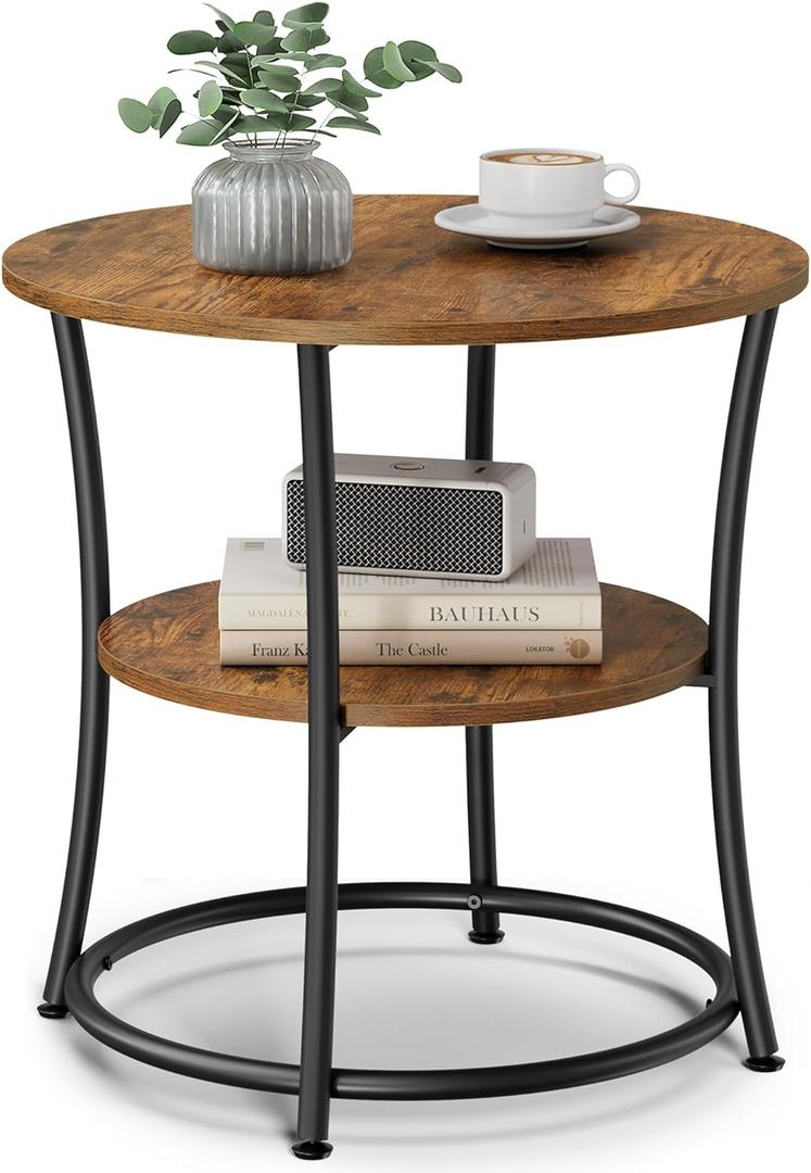 VASAGLE 21.7-Inch Round Side Table, 2-Tier End Table, Nightstand with Steel Frame, Spacious Top, for Small Spaces, Living Room, Bedroom, Rustic Brown and Ink Black ULET56BX