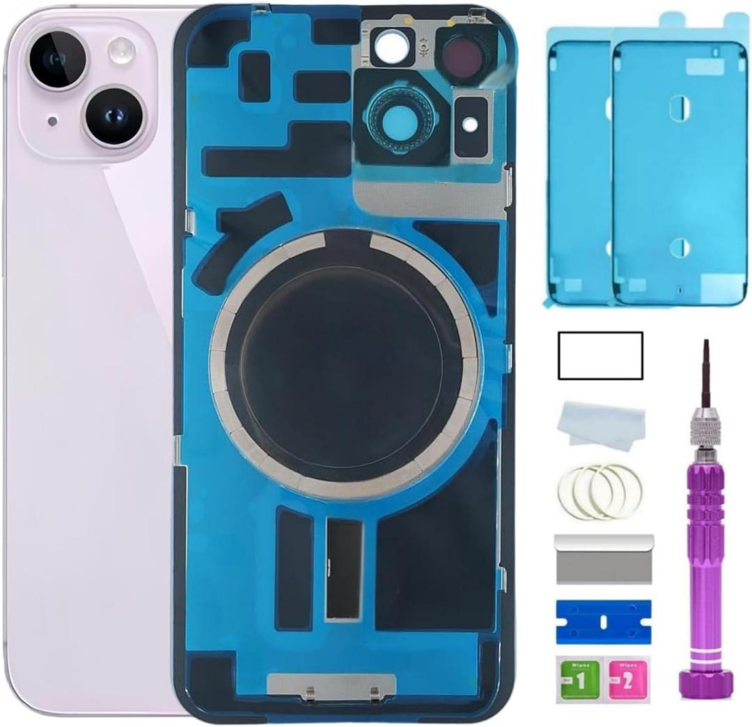 14 Back Glass Replacement for iPhone 14 Back Glass (6.1 Inches) with Pre-Installed Plate + Camera Frame + Lens + Reparing Tools (Purple)