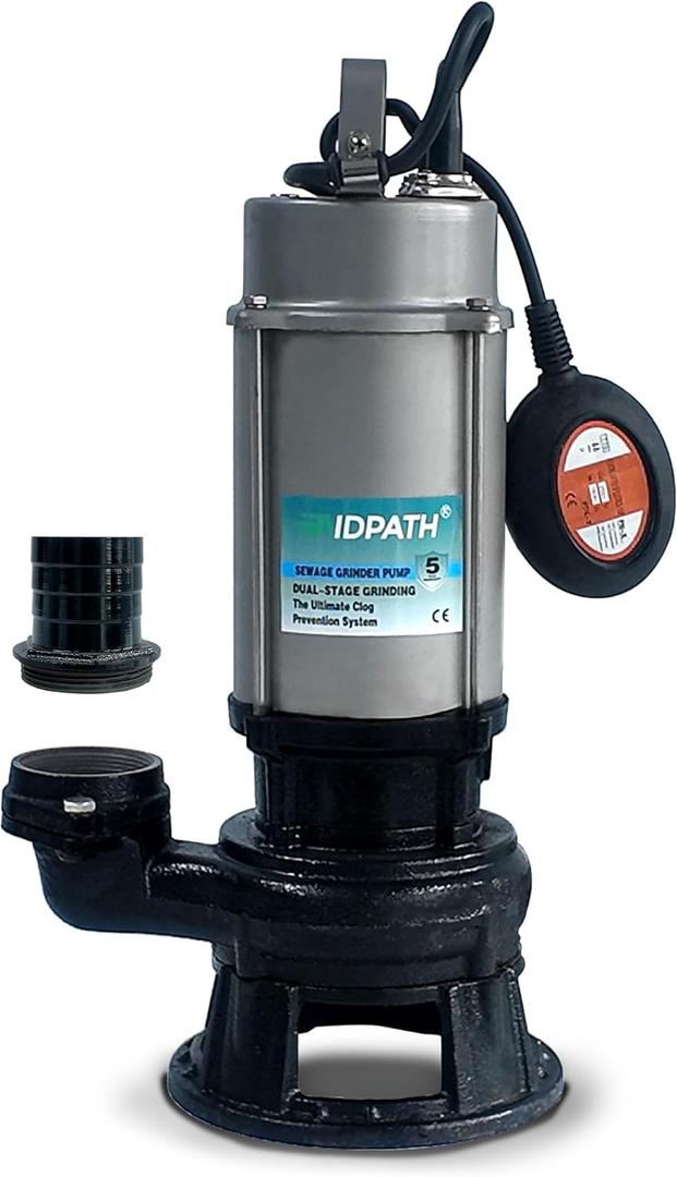 1HP Submersible Sewage Grinder Pump, Stainless Steel Housing, 2" NPT Discharge - For 30"+ Deep Sewage Basins, Septic Tanks, 52.5ft Head 6076GPH Max Flow, 115V