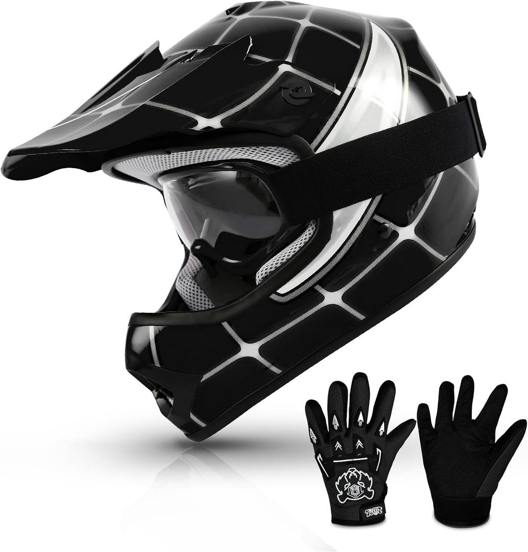 TCMT Youth Dirt Bike Helmet DOT Certified - Kids Full Face Motocross ATV Helmet with Goggles, Gloves and Helmet Bag for Off-Road, BMX, MX, Street Riding S