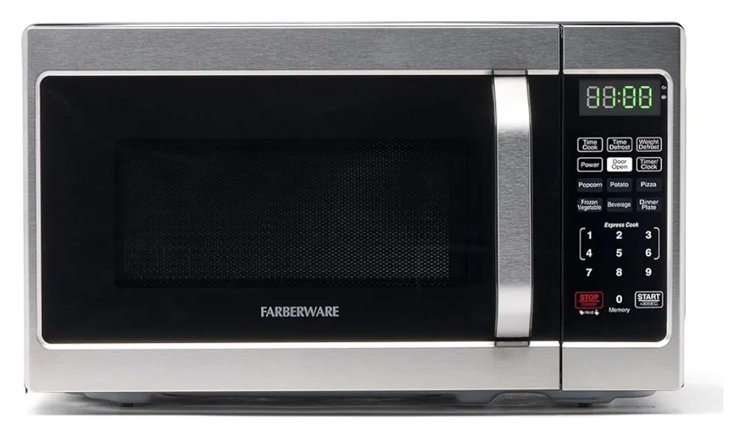 Farberware 0.7 Cu. Ft. Countertop Microwave Oven – 700 Watts Power, Auto Cook Settings, Defrost, Easy Clean and Child Safety Lock - Stainless
