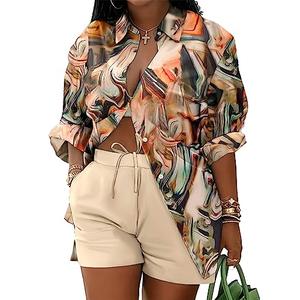 Mandonce 2 Piece Outfits for Women Long Sleeve Printed Shirt and Elastic Lace-Up Shorts with Pockets Beach Vacation Clothes, M