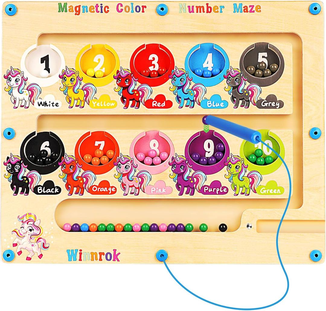 Magnetic Color and Number Maze, Montessori Wooden Magnet Puzzles Learning Counting Matching Board Unicorn Toys for Toddlers Kids 3-5, Educational Fine Motor Skills Toys for Girls Boys 3-5 Years Old