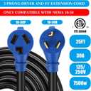 Kanayu 25 FT 3 Prong Dryer/EV Extension Cord 30 Amp NEMA 10-30P to 10-30R for 3 Prong Older Dryer and Level 2 EV Charging Power Flexible Cable STW 10 Gauge Cord with Grip Handle ETL Listed