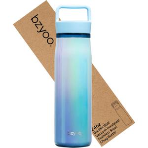 bzyoo 24oz Insulated Water Bottle with Clear Chug Lid - 100% Leakproof Stainless Steel Bottle, Aurora Iridescent Blue, BPA-Free Double Wall Vacuum Flask for Hot & Cold Drinks, Fits Car Cup Holders