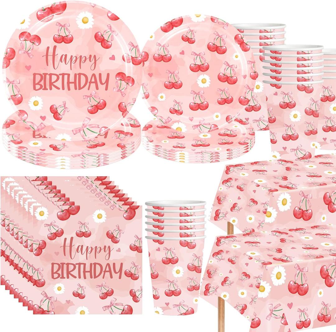 VDESFUEBY Pink Bow Cherry Party Supplies Cute Bow Cherry Heart Paper Plates Napkins Cups and Tablecloth Sets for Girls Pink Bow Cherry Birthday Party Supplies