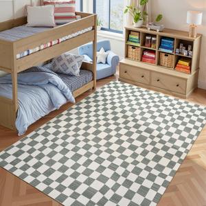 jinchan 6x9 Checkered Area Rugs for Kids Room - Machine Washable Soft Rug Modern Geometric Lattice Non-Slip Carpet for Nursery Playroom Classroom Living Room Bedroom Dining Room Home Office Grey
