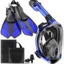 Mask Fins Snorkeling Gear for Adults, Full Face Snorkel Mask & Adjustable Swim Fins Snorkel Set, Panoramic View Snorkel Mask Dry Top Anti-Fog Anti-Leak (Blue)