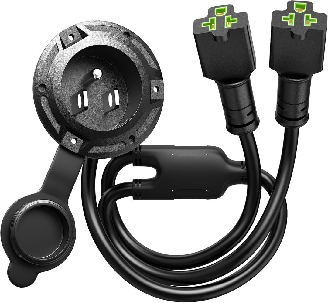 Heavy-Duty 20A Dual AC Port Plug, 125V 12AWG RV Shore Power Inlet Socket with 5-in-1 T-Blade Adapter, 20" Waterproof Outdoor Electrical Outlet Receptacle Cord for RV, Boat, Trailer, Golf Cart