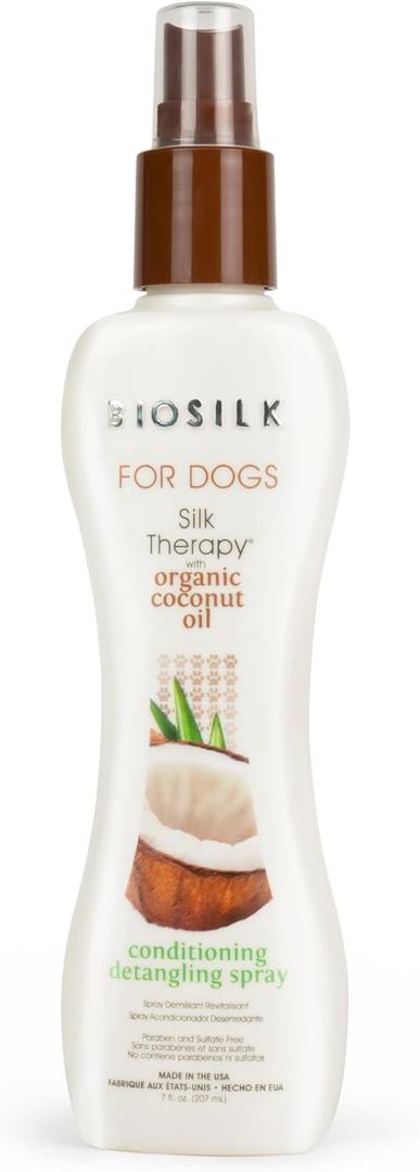 BioSilk Silk Therapy Conditioning Detangling Spray for Dogs with Natural Coconut Oil - Dog Matted Hair Detangler Conditioner for Dogs, Dematting Grooming Supplies, 7 Fl Oz