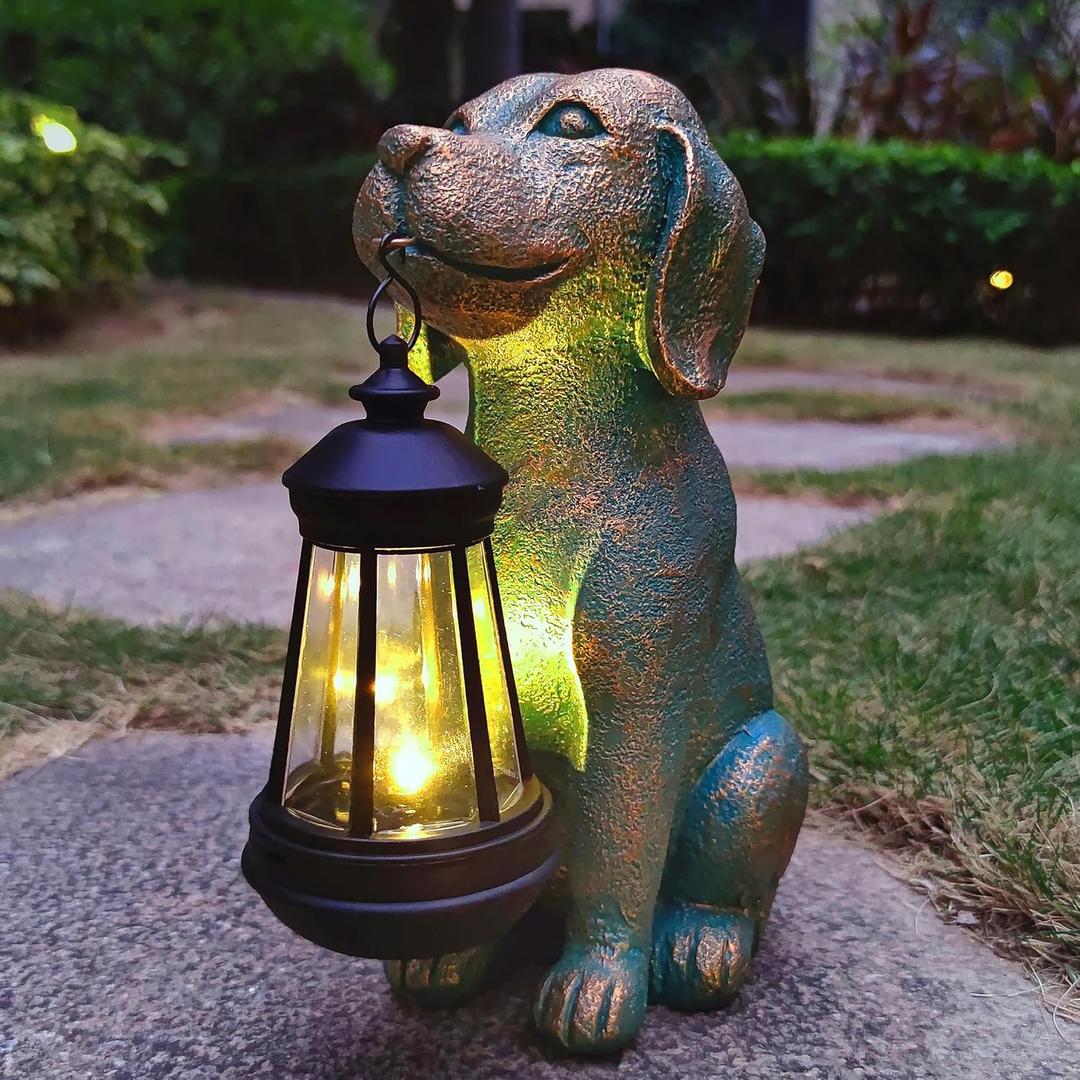 Dog Garden Statue Outdoor Dcor with Solar Lights Lantern,Dog Solar Light Figurines Outside Decorations for YardLawn ,Patio, Balcony, Unique Housewarming Gifts