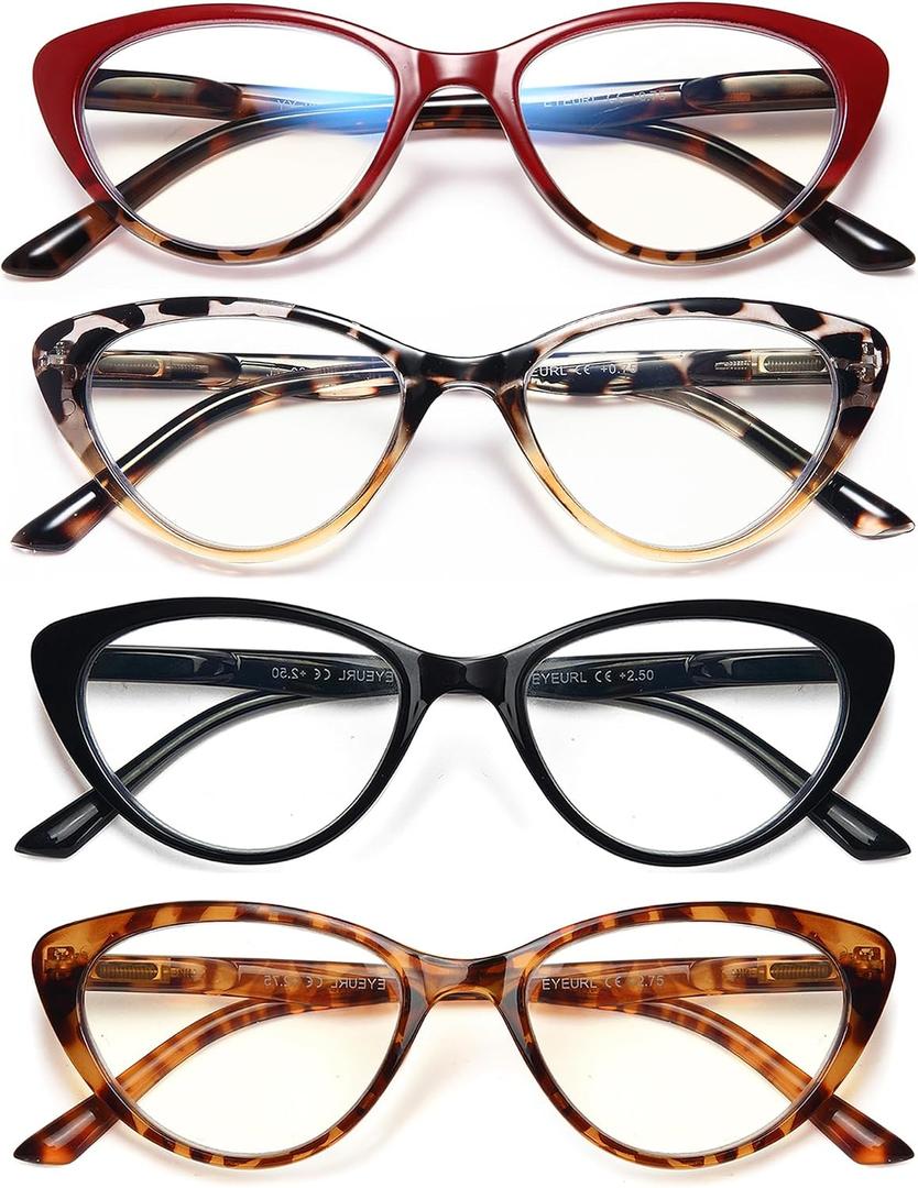 EYEURL 4-Pack Cat Eye Reading Glasses for Women Blue Light Blocking Computer Reading Glasses Anti-Glare Cat Eye Readers For Women,1.75