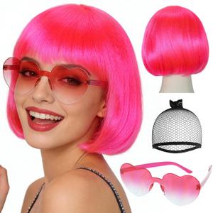 JoneTing Megenta Pink Bob Wig+Hair Cap+Sunglasses Neon Short Bob Wig Synthetic Party Wigs for Women Pink Funny Cosplay Wigs for Cosplay Halloween Party