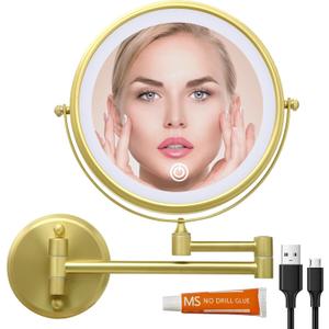 Brass Lighted Makeup Vanity Mirror Wall Mounted Gold, 8 Double Sided 1X 10X Magnifying 3 Color Lighting Touch Screen Dimming, Extended Arm 360 Rotation for Bathroom, Brushed Gold