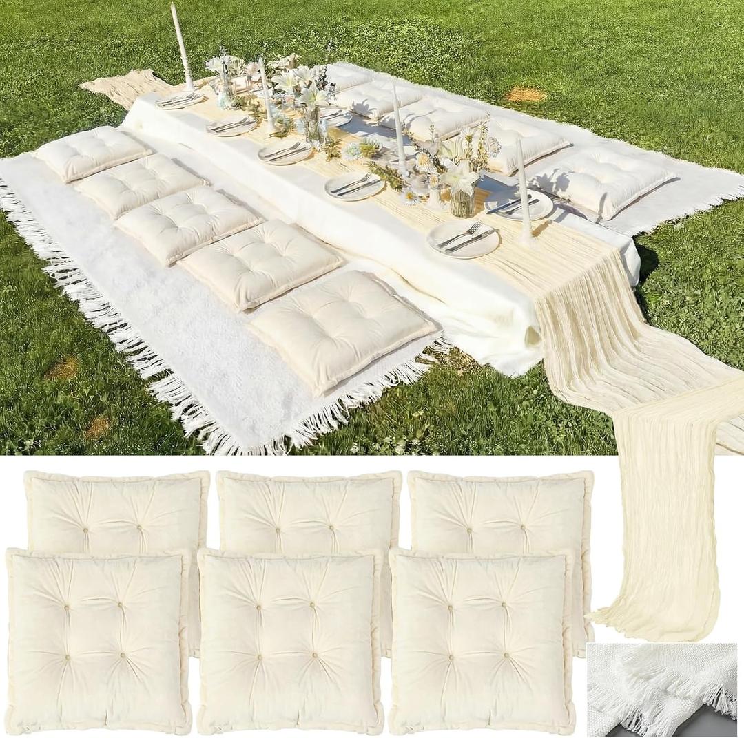 8 Pcs Fit for 6 People 91 x 71'' Extra Large Outdoor Picnic Blanket with Light Beige Table Runner and Floor Pillow Cushion Fit for 6 People Picnic Wedding Birthday Baby Shower Backyard Decor