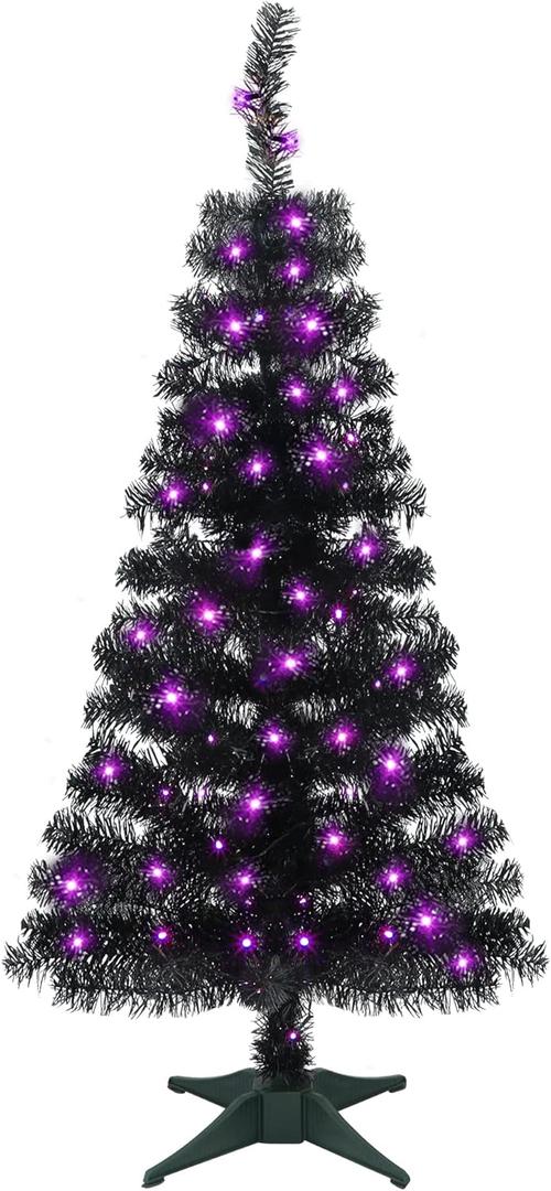 Juegoal Lighted Artificial Halloween Black Christmas Tree, 4FT Black Tinsel Pine Tree with 70 LED Purple Lights, 8 Modes & Timer for Home Party Decorations