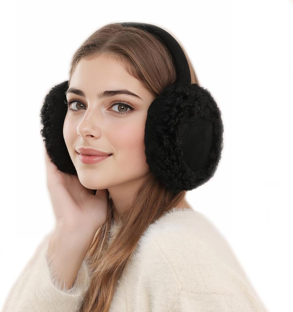 Yedilen Winter Ear Warmers for Women Warm Outdoor Foldable Earmuffs Cute Faux Fur Ear Muffs for Girls (Black)