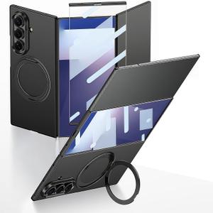 for Samsung Galaxy Z Trifold Case with Rotating Ring Holder Stand, Built in Glass Screen Protector Kickstand All-Round Edge Protection Scratch-Resistant Slim Phone Case for Z Trifold Black