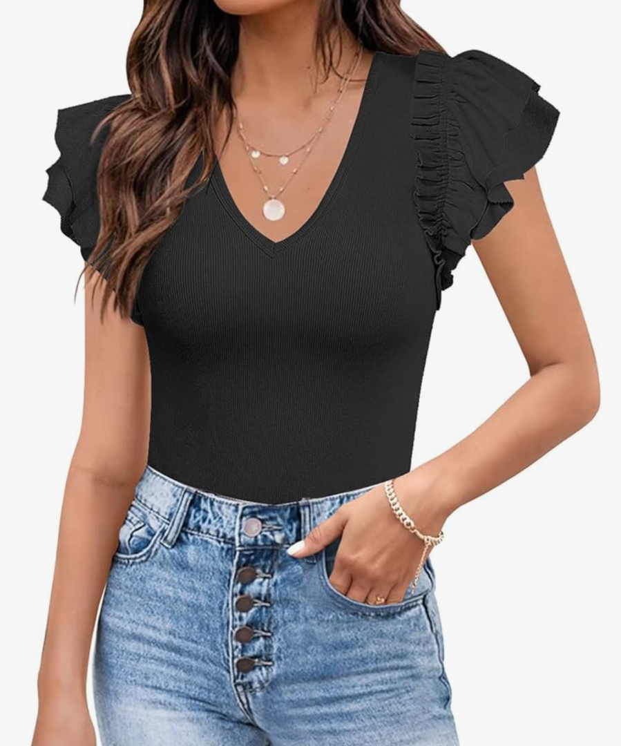 MISSJOY Womens V Neck Ruffle Short Sleeve Ribbed Slimming Basic Bodysuit Leotards Tops Blouses, Size M