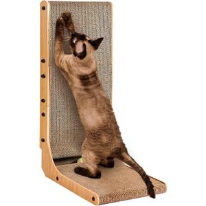 EHEYCIGA Cardboard Cat Scratcher for Indoor Cats, 26.8 Inch L Shaped Vertical Cat Scratching Board with Ball Cat Toy, Large Cat Scratcher Pad, Brown