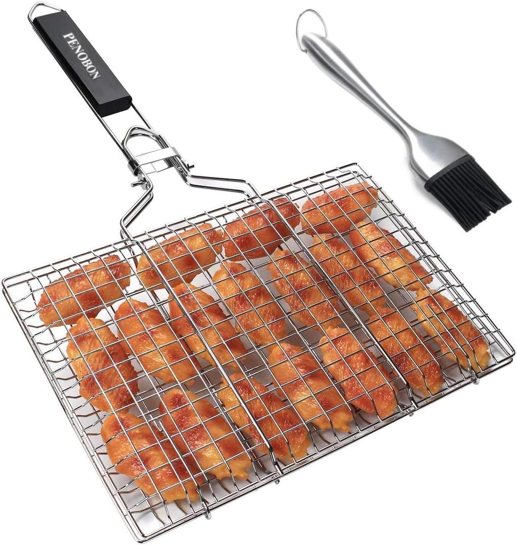 Fish Grilling Basket, Folding Portable Stainless Steel BBQ Grill Basket for Fish Vegetables Shrimp with Removable Handle, Come with Basting Brush and Storage Bag (01)