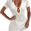 ANRABESS Women Beach Crochet Cover Ups Summer Knit Swimwear Short Sleeve Mesh Dress 2025 Vacation Bathing Suit Swimsuits White X-Large (White, XL)