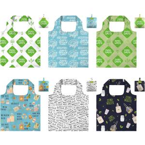 BeeGreen Print Reusable Shopping Bags 6 Pack - Heavy Duty Washable and Foldable Polyester Shopping Bag for Women, Reusable Gift Grocery Totes Market Tote Bag with Handles for Travel Holiday (Green-black,green,blue)