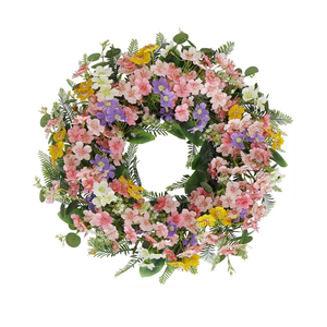 Faux Silk Cherry Blossom Flower Spring Summer Wreath 20-22" for Front Door – Pink Purple Yellow Plum Blossom Green Eucalyptus Leaves – Farmhouse Front Porch Wreath Decor, Outdoor Indoor Use
