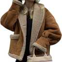 chouyatou Women's Winter Casual Faux Suede Leather Jacket Button Down Fuzzy Sherpa Lined Jacket Coat (Medium, Brown)