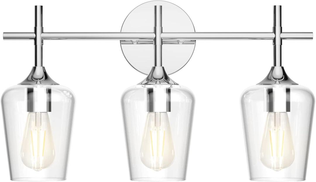 Ralbay Vintage 3 Light Vanity Light Fixture Industrial Chrome Bathroom Light Fixtures Over Mirror Clear Glass Chrome Vanity Light for Bathroom Wall Lighting Fixtures Over Mirror