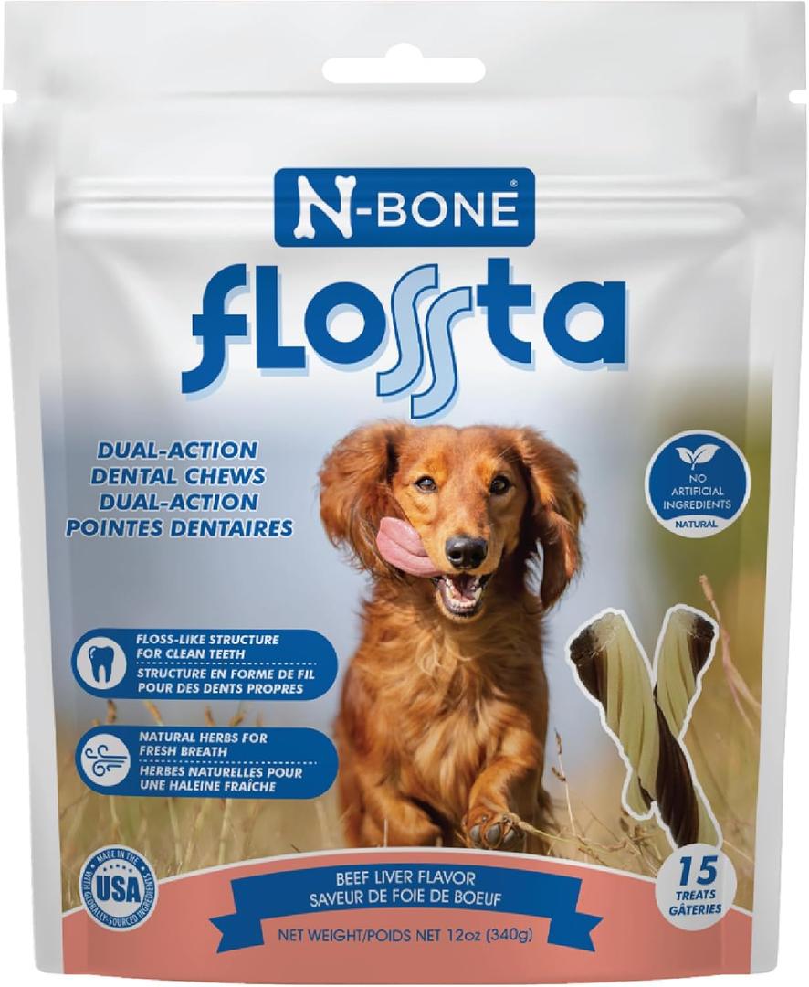N-Bone FLOSSta Dental Chews for Dogs Natural Beef Liver Flavor, No Dyes, Grain-Free, Breath Freshening, Plaque & Tartar Control, Digestible Teething Aid 12 oz Bag Best By: Sep 01, 2025