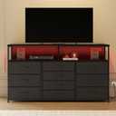 Unionly 55W 10-Drawers Dresser with 2 Open Storage Shelves, TV Stand Dresser for 55,65 inch TVwith Power Outlets and LED Lights, Fabric Dressers Drawers for Bedroom, Living Room (Black), 11.8"D x 55.1"W x 35.4"H