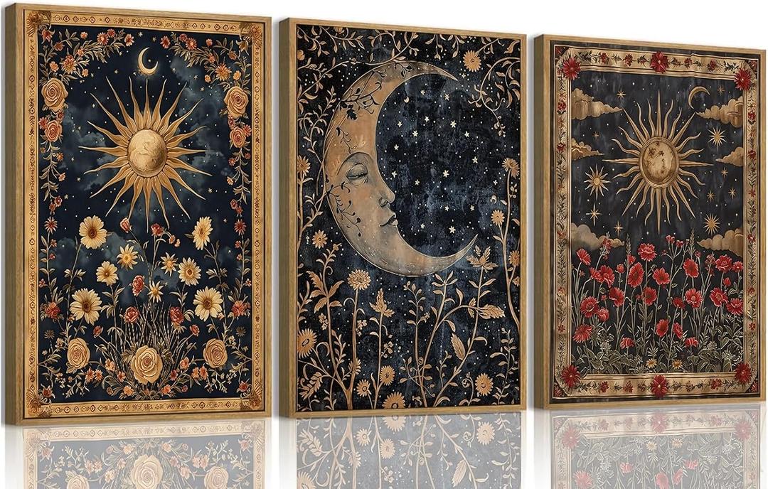 Moonlit Celestial Framed Canvas Wall Art 16x24 inch, 16"x24" Natural