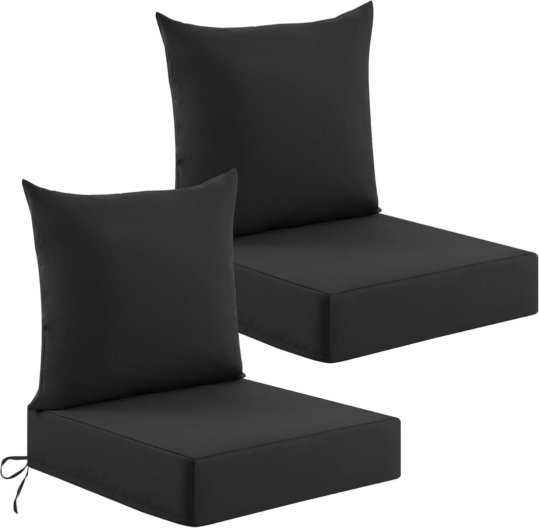 Deep Seat Patio Cushions Set of 2, 24x24x5.75 Inch, Waterproof Outdoor Chair Cushions, Fade Resistant Patio Furniture Cushions with Ties for Couch, Sofa, Lawn, Outside, Black, 24*24+5.75/25*22.5 inch