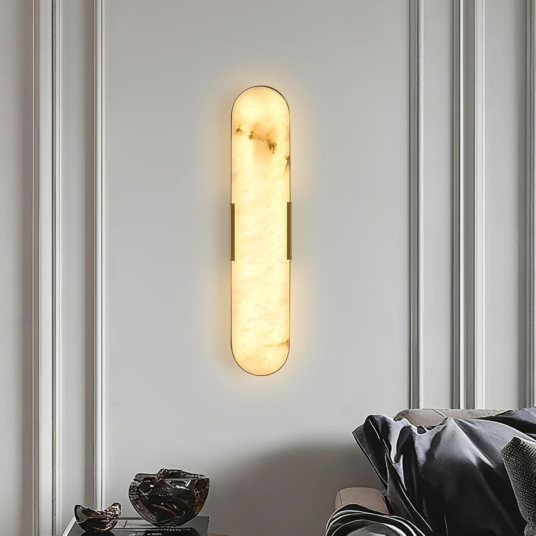 20" Gold Alabaster Wall Sconce, Brass Vintage Natural Marble Wall Light, LED Tunable 3000K-6000K Vanity Wall Lamp Fixture for Bathroom Bedroom Hallway Living Room