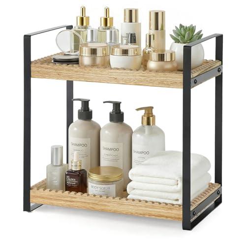 2 Tier Bathroom Organizers and Storage, Farmhouse Countertop Organizer for Bathroom Storage, Makeup Organizer for Decor, Wood Shelf for Perfume Skincare Kitchen Coffee Bar, Vanity Accessories (Brown)