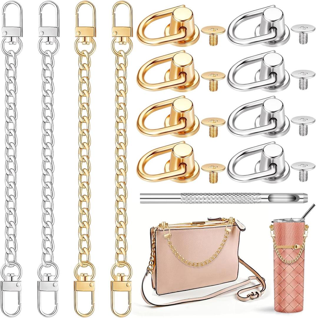 4 Pcs Purse Chain Strap Extender 7.9 Inch Purse Chain and 8 Pcs Studs Rivets D Ring, Flat Wallet Strap Extender with Post Head Buttons Bag with Hole Punch(Gold, Silver)