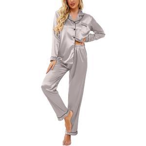 Ekouaer Women's Classic Button Down Long Satin Silk Pajama Set (Pink, M)