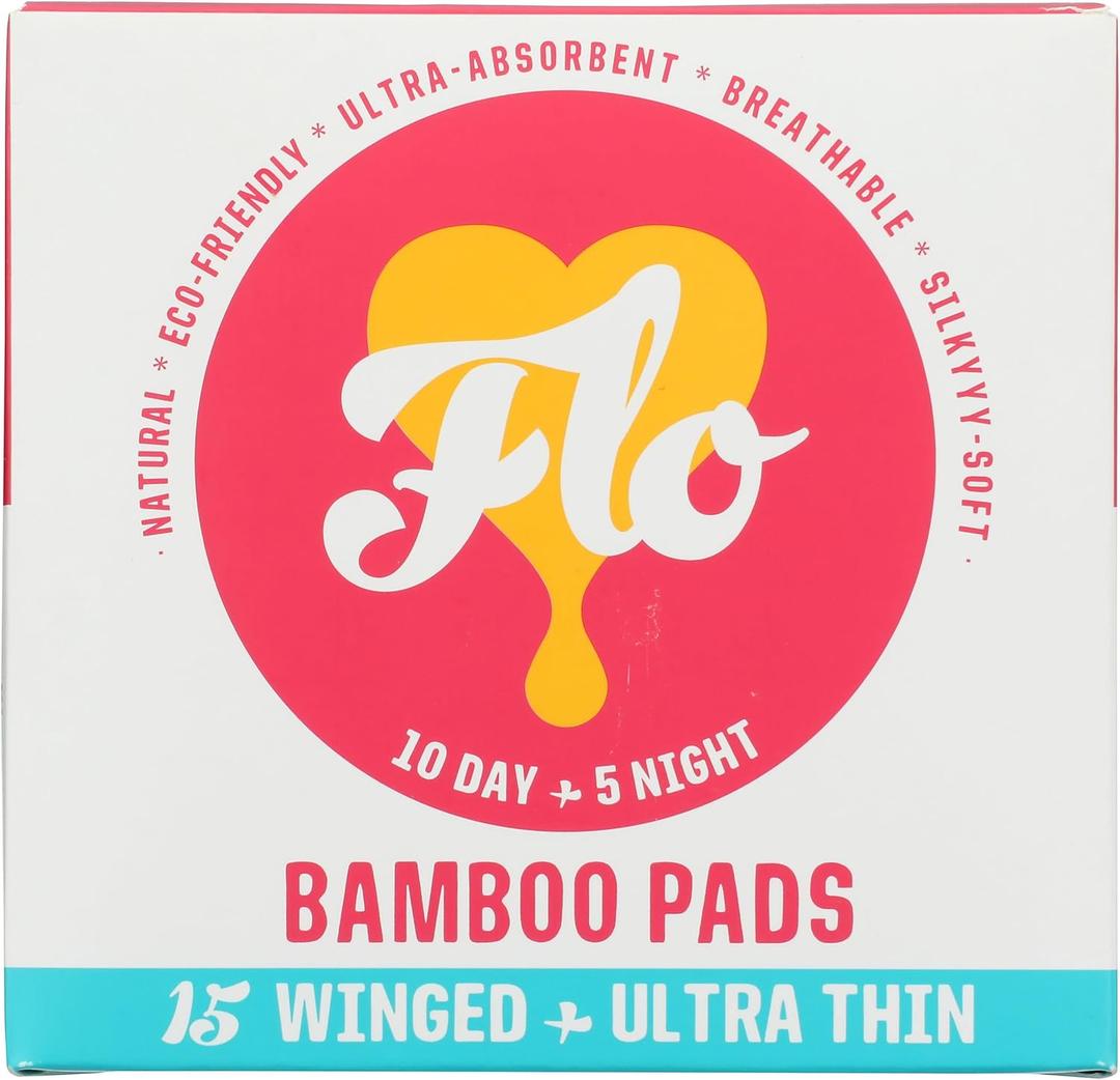 Flo Bamboo Period Pads with Wings Combo Pack 10 Day, 5 Night (15 Pads)