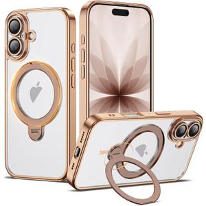 Compatible with iPhone 17 Case with 360 Spin Magnetic Ring Stand [Compatible with Mag-Safe] Full Camera Lens Protector Plating Clear Phone Case for iPhone 17 6.3", Desert Gold