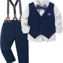 YUEMION Toddler Baby Boy Clothes Suits Gentleman Dress Shirt+Bowtie+Vest+Suspender Pants Boy Formal Wedding Outfits Set (18-24 Months, V White and Navy Blue)