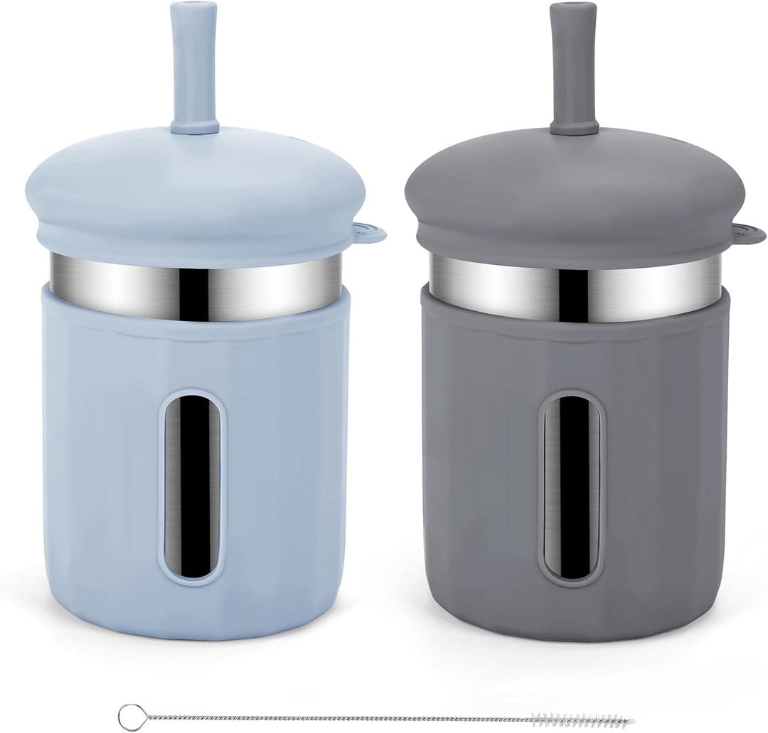 Stainless Steel Kids Cups, 12.51 oz Toddler Tumbler with Straws and Lids, Spill-Proof Baby Smoothie Cup with Silicone Sleeve, Versatile 2-in-1 Drinking Snack Cups for Kids (Gray+Blue)