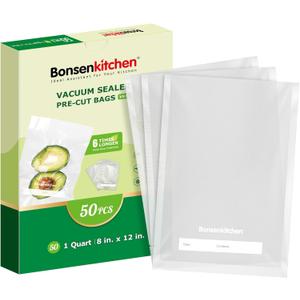 Bonsenkitchen Vacuum Sealer Bags, 50 Quart 8" x 12" Precut Food Sealer Bags, Commercial Grade, BPA Free, Heavy Duty, Customized Size Vacuum Bags for Vac Storage, Meal Prep or Sous Vide Cooking, VB12