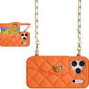 UnnFiko Wallet Phone Case Compatible with iPhone 17 Pro Max, Cute Light Luxury Bag Design, Purse Flip Card Pouch Cover Soft Silicone Case with Handstrap Long Shoulder Strap (Orange, iPhone 17 Pro Max)