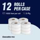 Cascades PRO Select Jumbo Roll Premium Bath Tissue 2-Ply - Suitable for universal dispensers -Toilet Paper is Septic Tank Safe, Certified, Recycled - 1000' length/Roll, 12 Rolls/Box - B140 - White